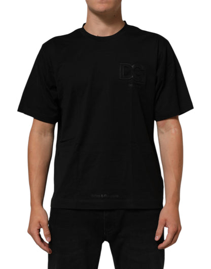 Dolce & Gabbana Schwarzes Logo Patch Baumwolle Männer T-Shirt mit Rundhalsausschnitt