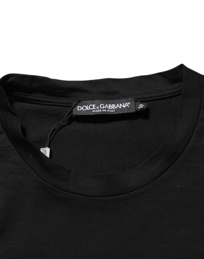 Dolce & Gabbana Schwarzes Logo Patch Baumwolle Männer T-Shirt mit Rundhalsausschnitt