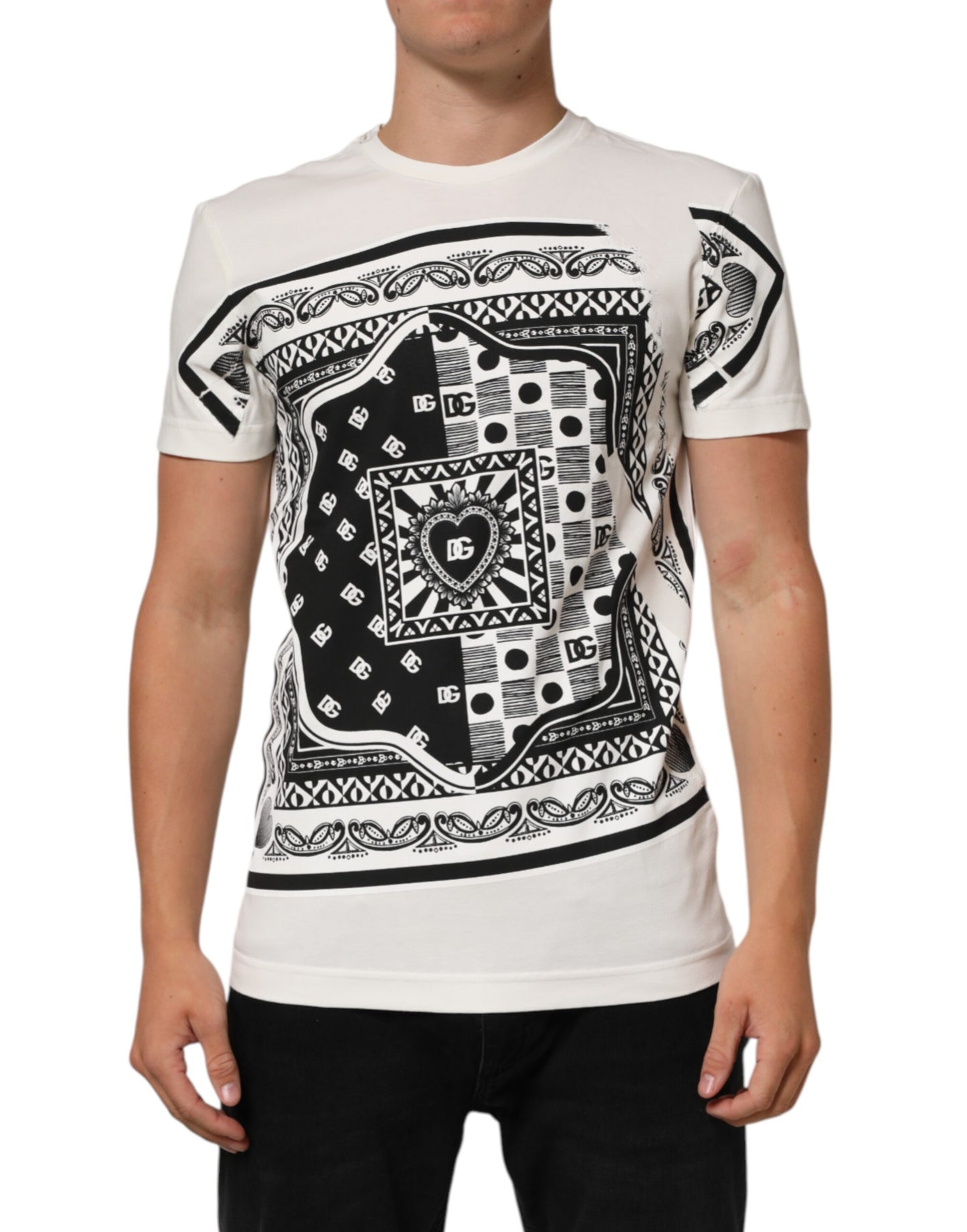 Dolce & Gabbana Weißes Baumwoll-Logo Bandana Print Herren-T-Shirt