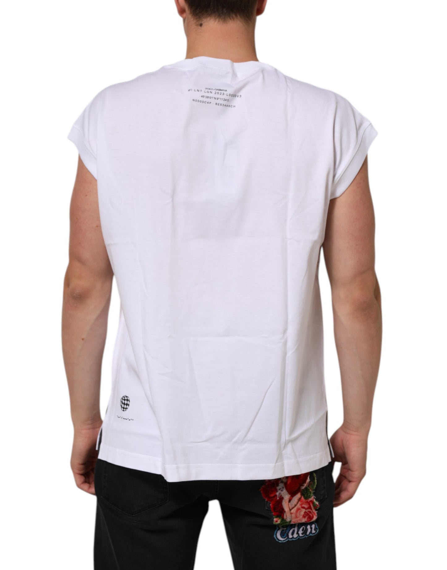 Dolce & Gabbana Weißes ärmelloses bedrucktes Tank-T-Shirt aus Baumwolle