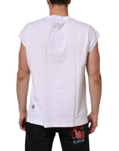 Dolce & Gabbana Weißes ärmelloses bedrucktes Tank-T-Shirt aus Baumwolle
