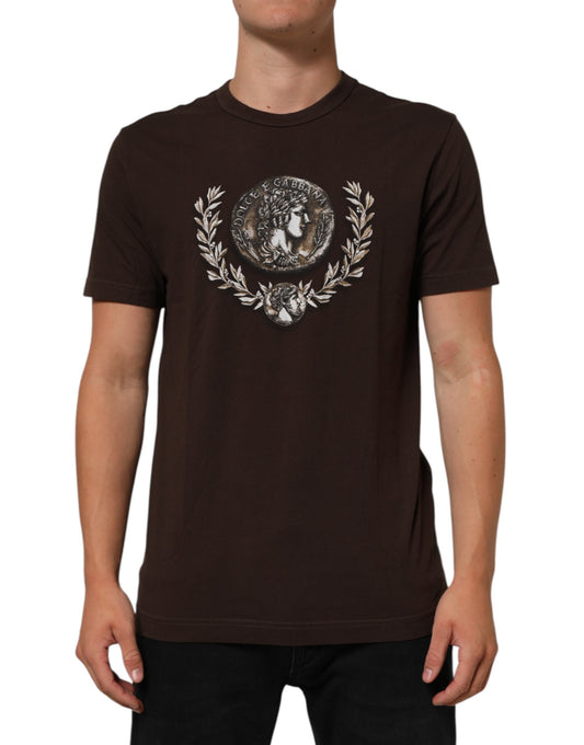 Dolce & Gabbana Braunes Münz-Lorbeer-T-Shirt mit Rundhalsausschnitt für Männer