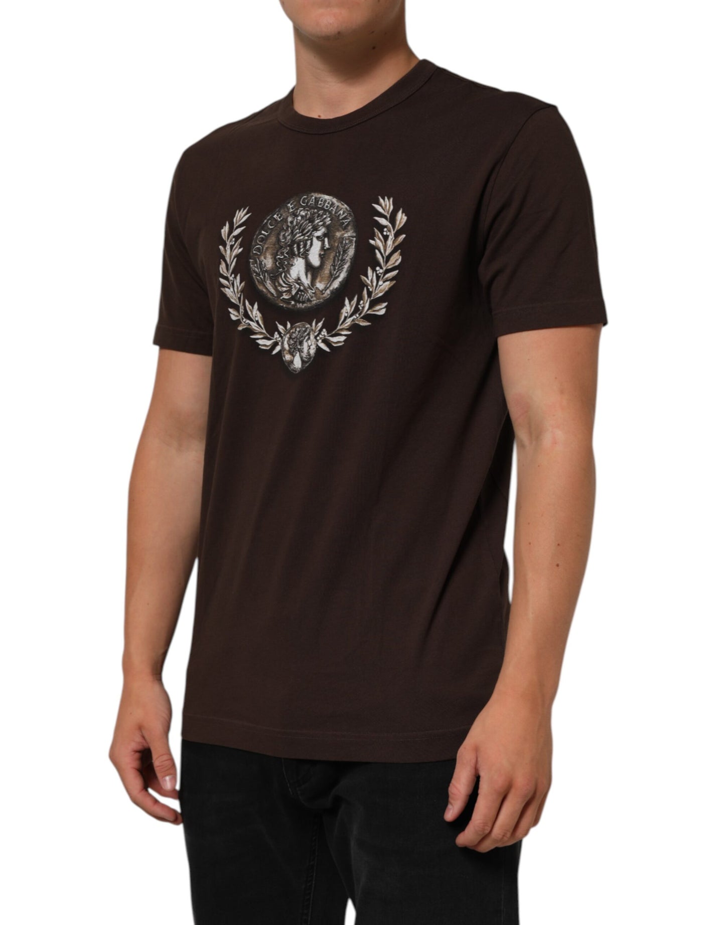 Dolce & Gabbana Braunes Münz-Lorbeer-T-Shirt mit Rundhalsausschnitt für Männer