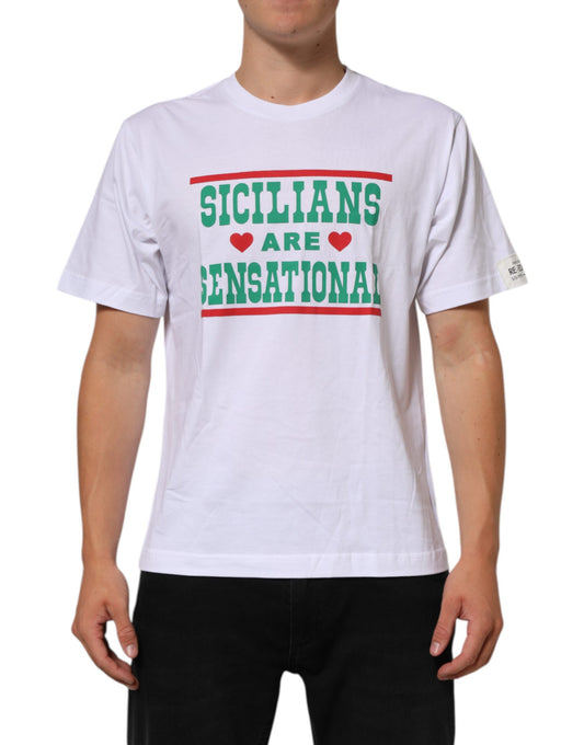 Dolce & Gabbana Weißes T-Shirt mit Rundhalsausschnitt aus Baumwolle mit Grafikdruck