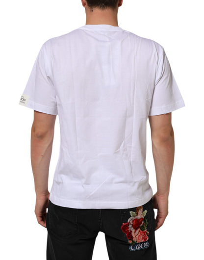 Dolce & Gabbana Weißes T-Shirt mit Rundhalsausschnitt aus Baumwolle mit Grafikdruck