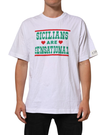 Dolce & Gabbana Weißes T-Shirt mit Rundhalsausschnitt aus Baumwolle mit Grafikdruck