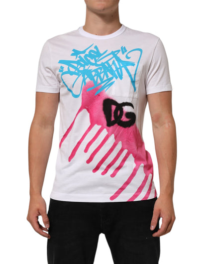 Dolce & Gabbana Weißes T-Shirt mit Rundhalsausschnitt aus Baumwolle mit Grafikdruck