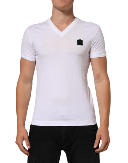 Dolce & Gabbana Weißes Baumwoll-Logo-Patch-T-Shirt mit V-Ausschnitt