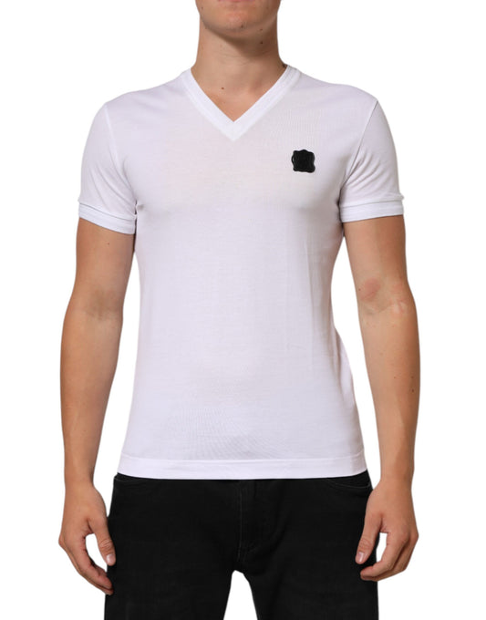 Dolce & Gabbana Weißes Baumwoll-Logo-Patch-T-Shirt mit V-Ausschnitt