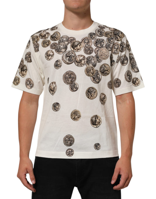 Dolce & Gabbana Weißes Baumwoll-T-Shirt mit Münzdruck und Rundhalsausschnitt für Männer