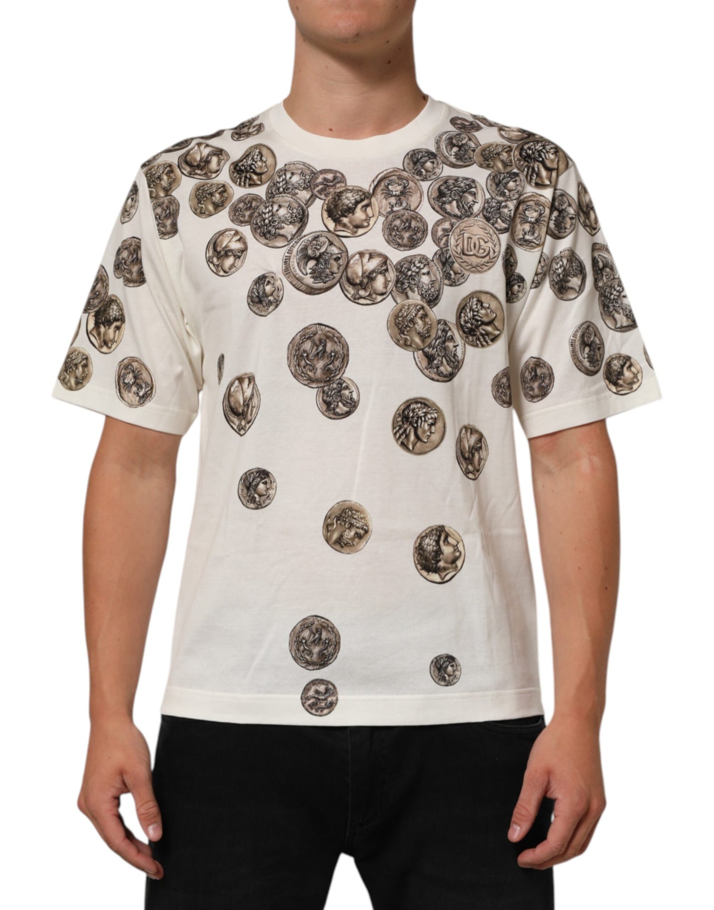 Dolce & Gabbana Weißes Baumwoll-T-Shirt mit Münzdruck und Rundhalsausschnitt für Männer