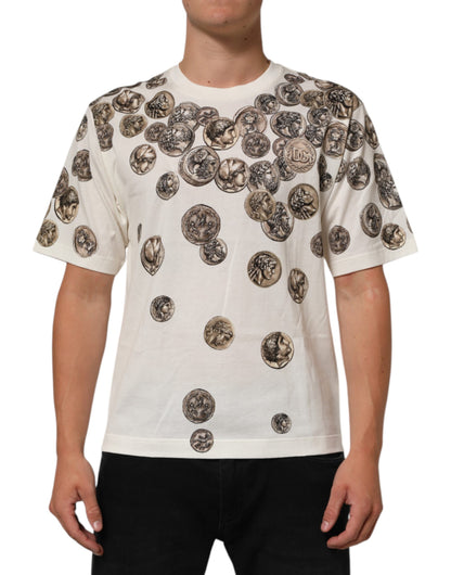 Dolce & Gabbana Weißes Baumwoll-T-Shirt mit Münzdruck und Rundhalsausschnitt für Männer