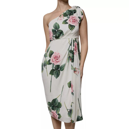 Dolce & Gabbana Weißes geblümtes Midikleid aus Seide mit einer Schulter