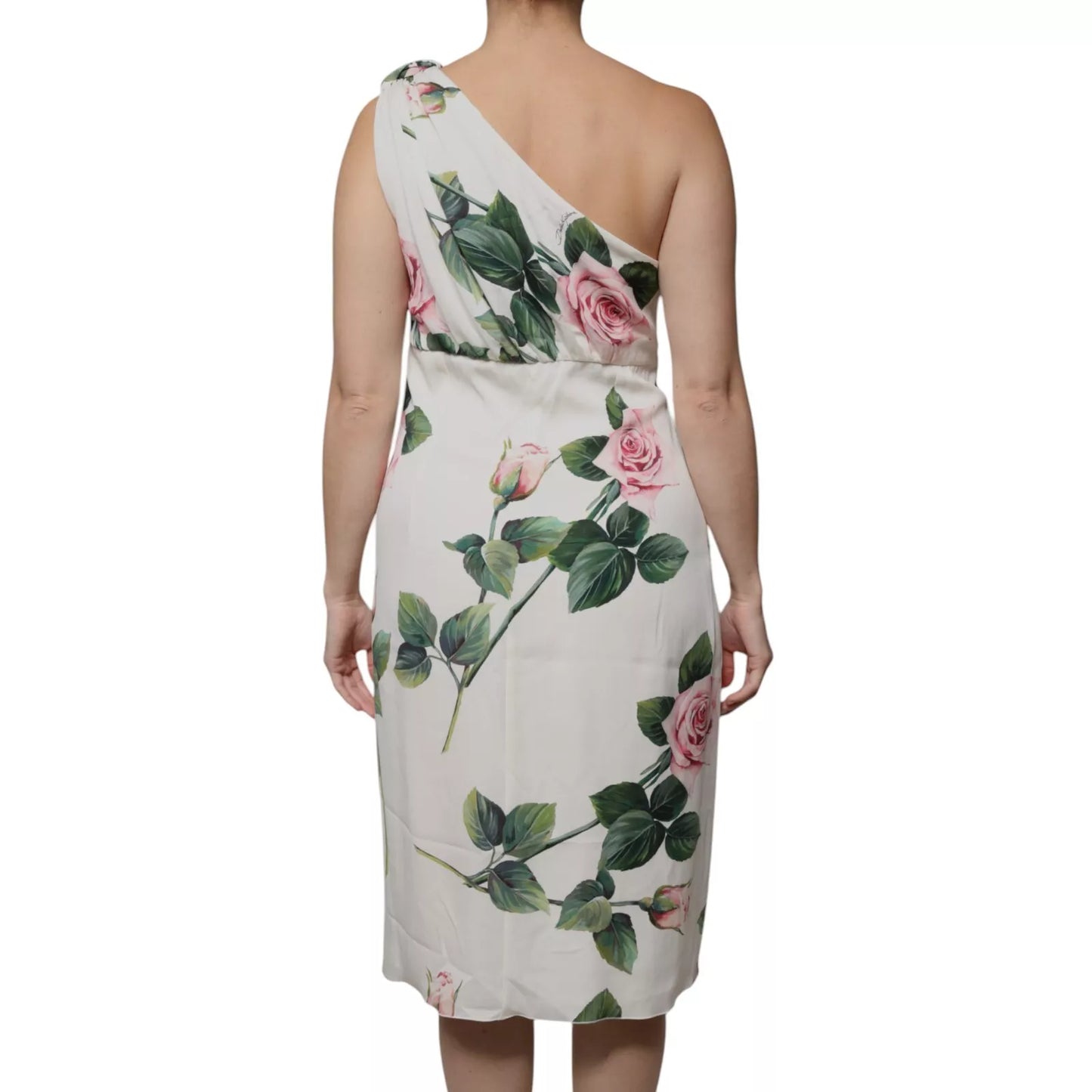 Dolce & Gabbana Weißes geblümtes Midikleid aus Seide mit einer Schulter