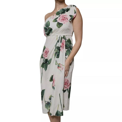 Dolce & Gabbana Weißes geblümtes Midikleid aus Seide mit einer Schulter
