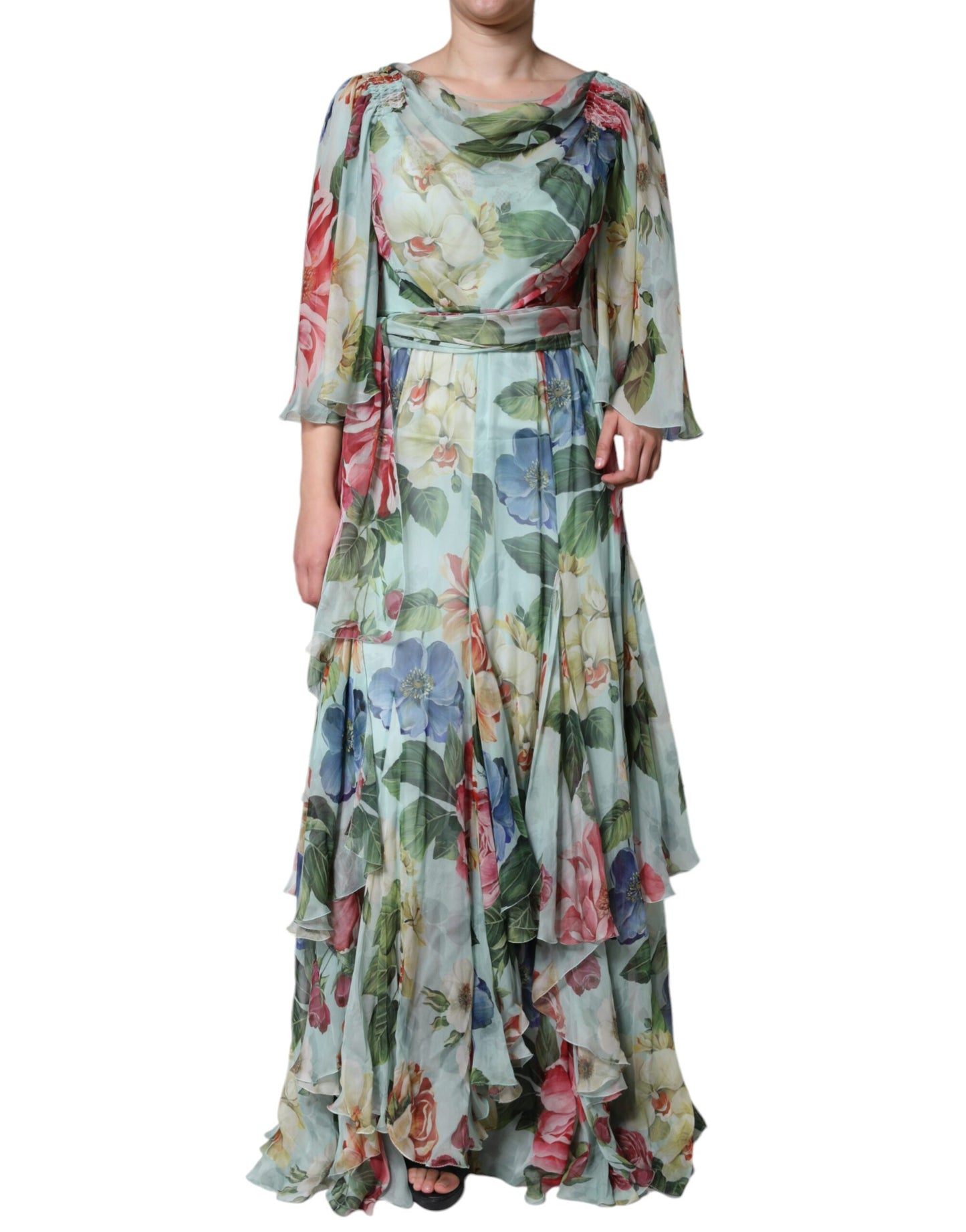 Dolce & Gabbana Blaues gestuftes Maxikleid mit Blumendruck