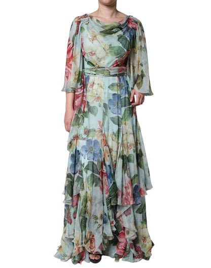 Dolce & Gabbana Blaues gestuftes Maxikleid mit Blumendruck
