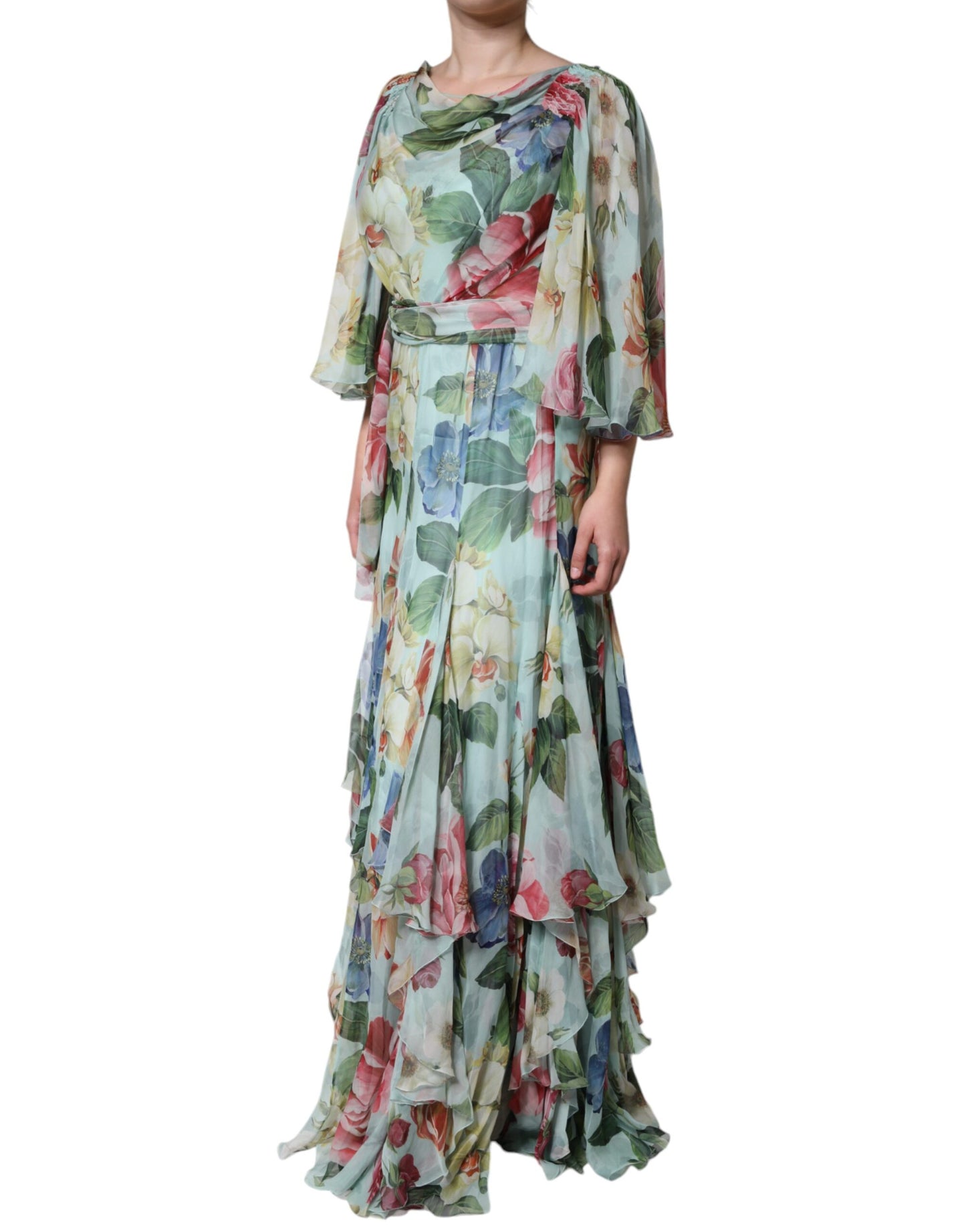 Dolce & Gabbana Blaues gestuftes Maxikleid mit Blumendruck
