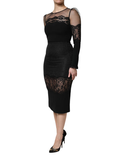 Dolce & Gabbana Schwarzes Spitzenbesetztes Nylon Tüll EtuikleidMidi Dress