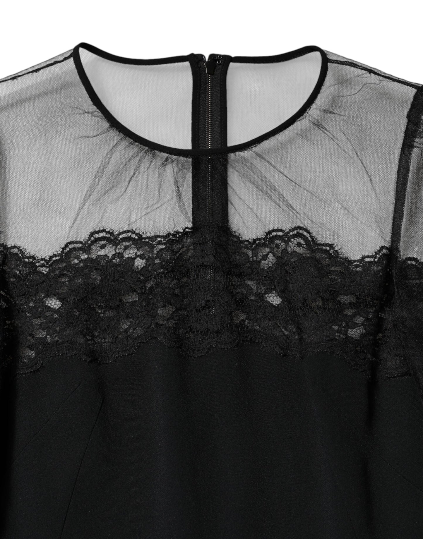 Dolce & Gabbana Schwarzes Spitzenbesetztes Nylon Tüll EtuikleidMidi Dress