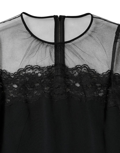 Dolce & Gabbana Schwarzes Spitzenbesetztes Nylon Tüll EtuikleidMidi Dress