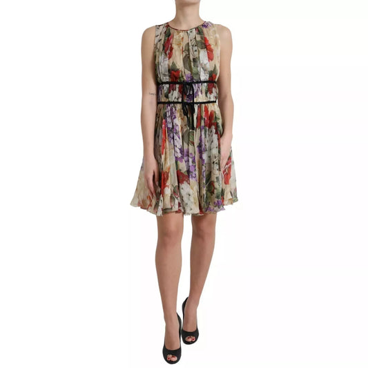 Dolce & Gabbana Beigefarbenes ärmelloses Minikleid in A-Linie mit Blumenmuster
