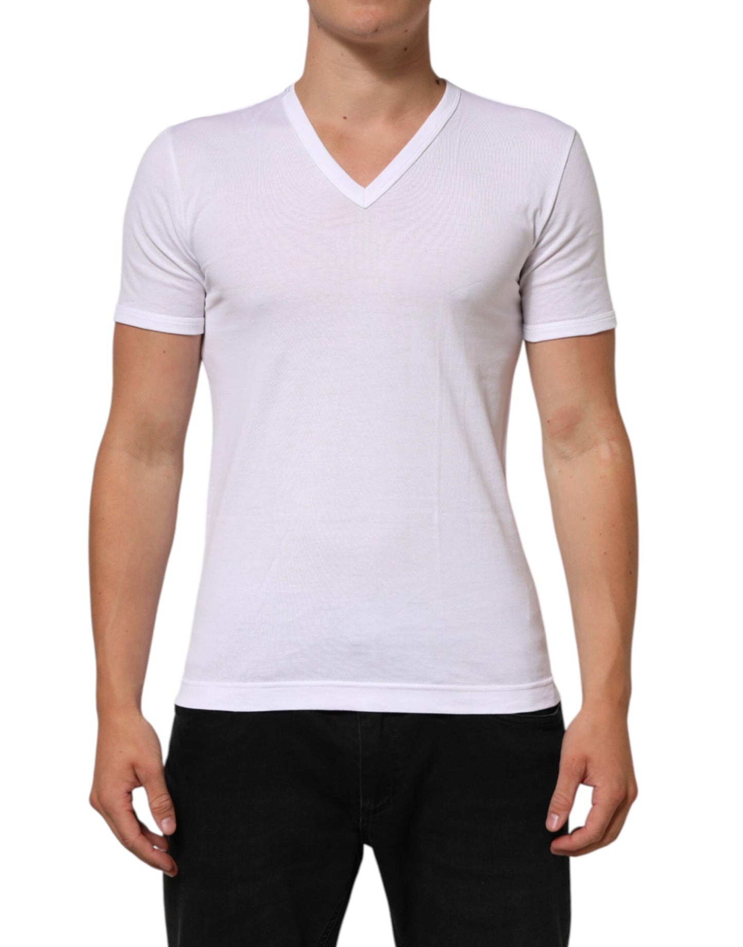 Dolce & Gabbana Weißes Baumwoll-T-Shirt mit V-Ausschnitt und kurzen Ärmeln