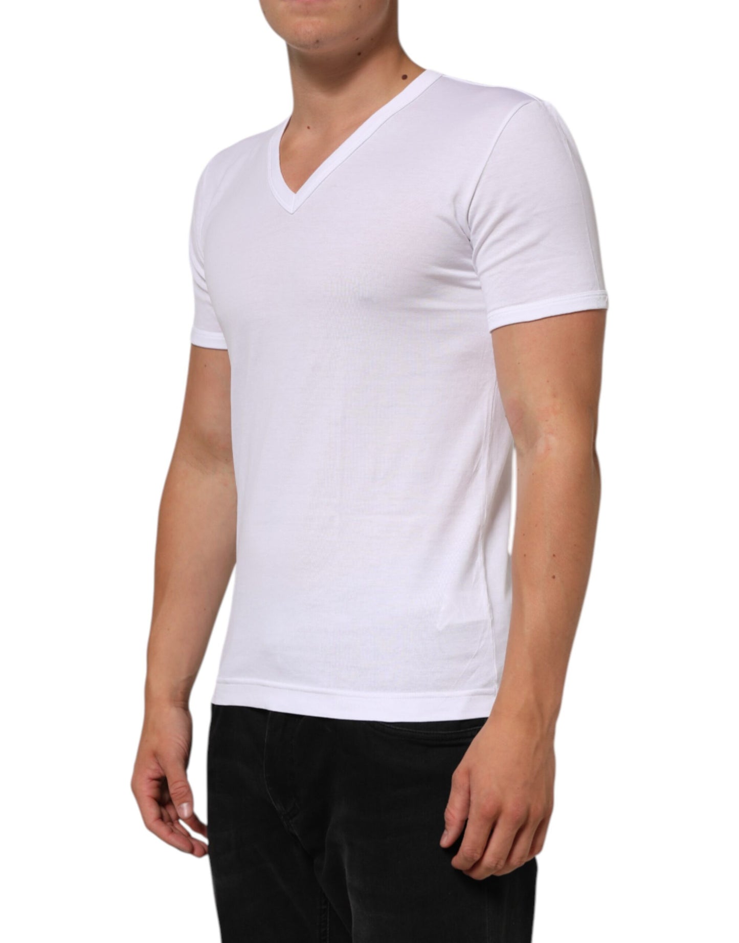 Dolce & Gabbana Weißes Baumwoll-T-Shirt mit V-Ausschnitt und kurzen Ärmeln