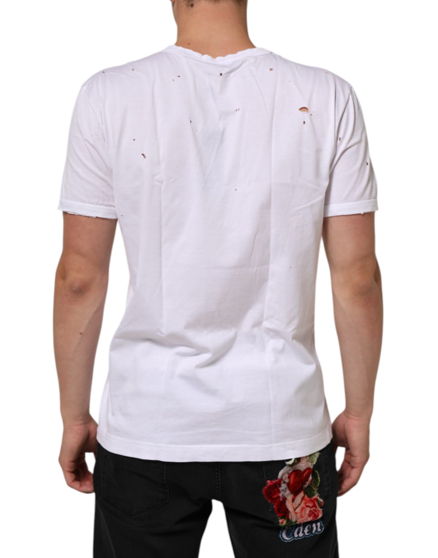 Dolce & Gabbana Weißes Distressed Baumwolle V-Ausschnitt Männer-T-Shirt