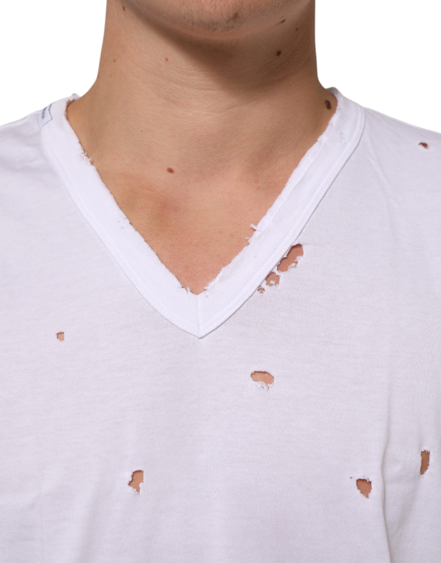 Dolce & Gabbana Weißes Distressed Baumwolle V-Ausschnitt Männer-T-Shirt