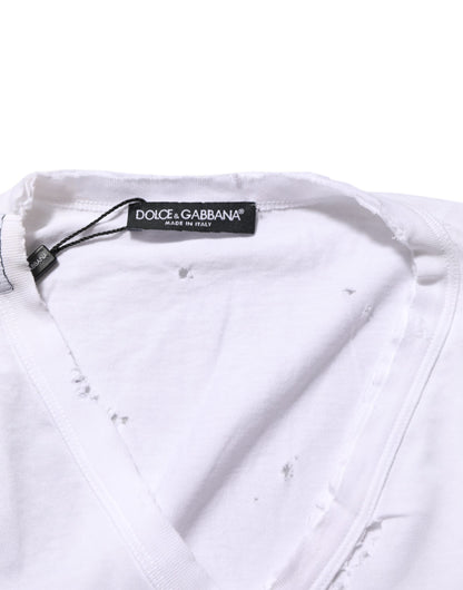 Dolce & Gabbana Weißes Distressed Baumwolle V-Ausschnitt Männer-T-Shirt