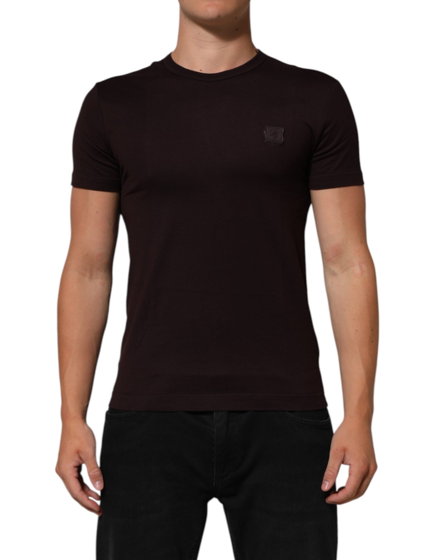 Dolce & Gabbana Braunes Logo-Plakette Baumwolle T-Shirt mit Rundhalsausschnitt