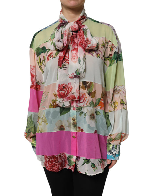 Dolce & Gabbana Multicolor Floral Patchwork Seide Ascot Kragen Top