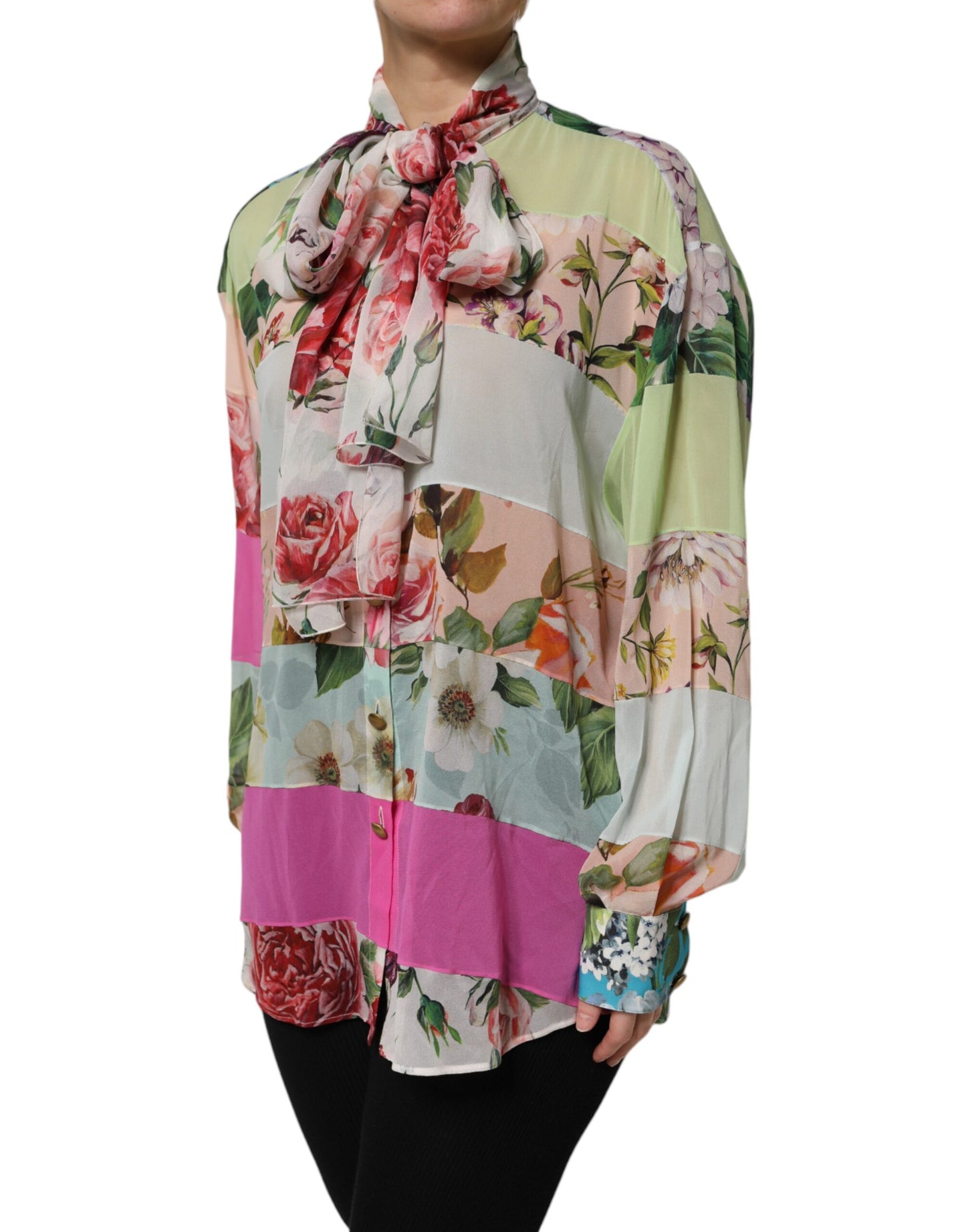 Dolce & Gabbana Multicolor Floral Patchwork Seide Ascot Kragen Top