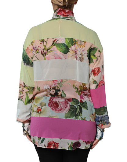 Dolce & Gabbana Multicolor Floral Patchwork Seide Ascot Kragen Top