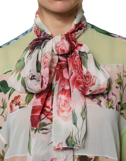 Dolce & Gabbana Multicolor Floral Patchwork Seide Ascot Kragen Top