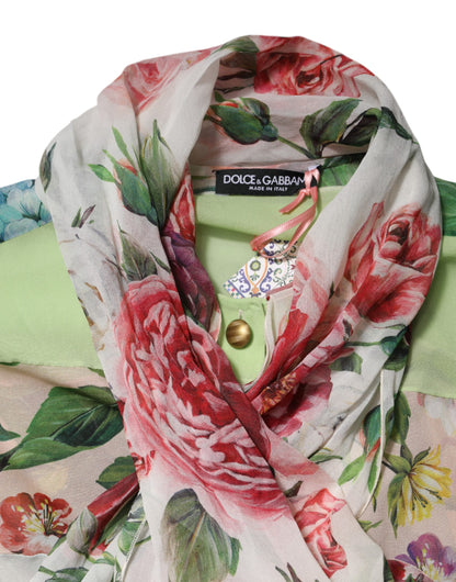 Dolce & Gabbana Multicolor Floral Patchwork Seide Ascot Kragen Top