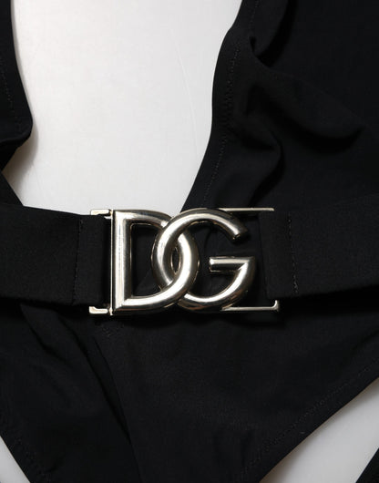 Dolce & Gabbana Schwarzer Nylon-Badeanzug mit tiefem V-Ausschnitt