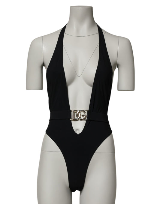 Dolce & Gabbana Schwarzer Nylon-Badeanzug mit tiefem V-Ausschnitt