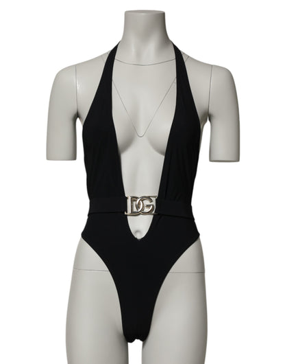 Dolce & Gabbana Schwarzer Nylon-Badeanzug mit tiefem V-Ausschnitt