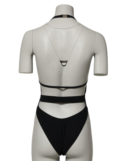 Dolce & Gabbana Schwarzer Nylon-Badeanzug mit tiefem V-Ausschnitt
