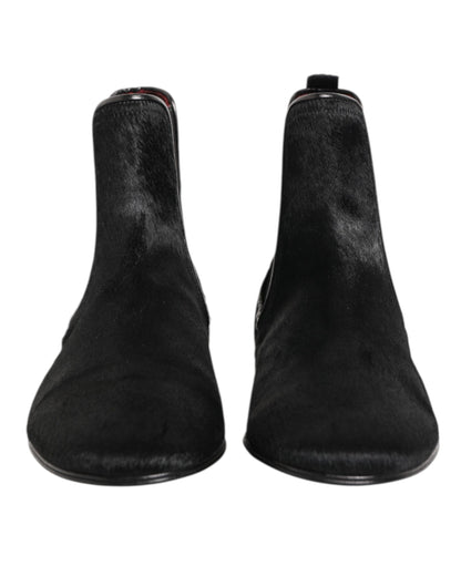 Dolce & Gabbana Schwarz Leder Pelz Männer CHELSEA Stiefel Schuhe