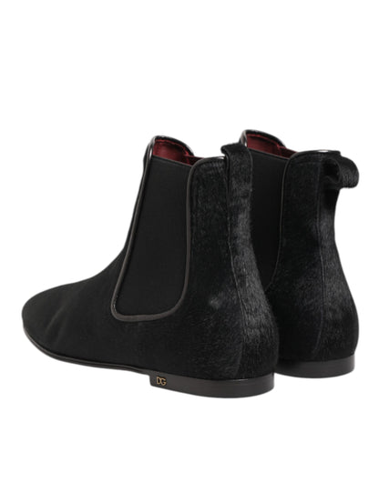 Dolce & Gabbana Schwarz Leder Pelz Männer CHELSEA Stiefel Schuhe