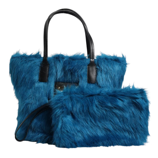 Dolce & Gabbana Blaue Pelzlogoplakette mit doppeltem Henkel Umhängetasche
