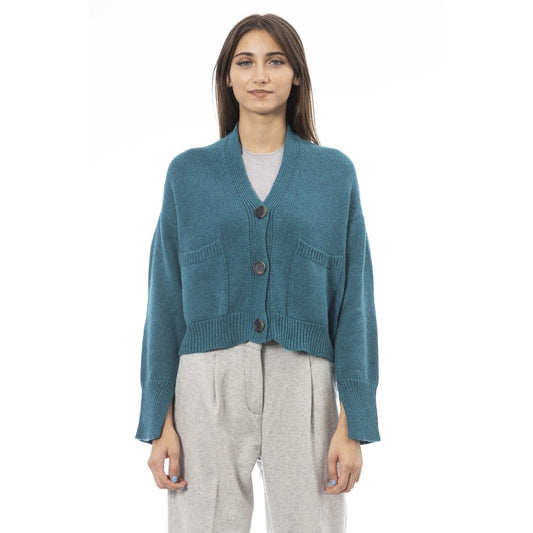 Alpha Studio Blaugrüne Strickjacke aus Merinowolle