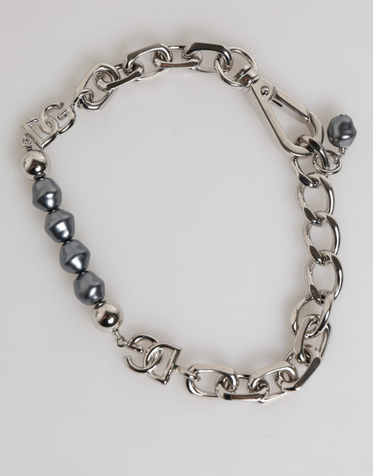 Dolce & Gabbana Silberfarbene Kette Karabinerverschluss Logo Graue Perlen Armband