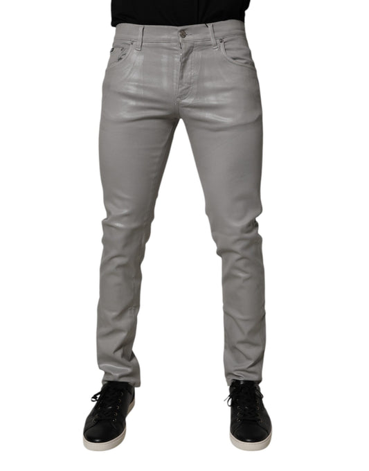 Dolce & Gabbana Graue Slim Fit Denim Baumwolle Metall Logo Jeans