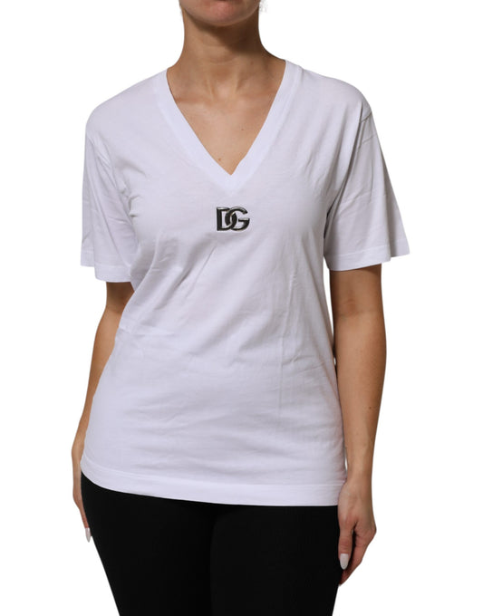 Dolce & Gabbana Weißes T-Shirt mit V-Ausschnitt und kurzen Ärmeln aus Baumwolle
