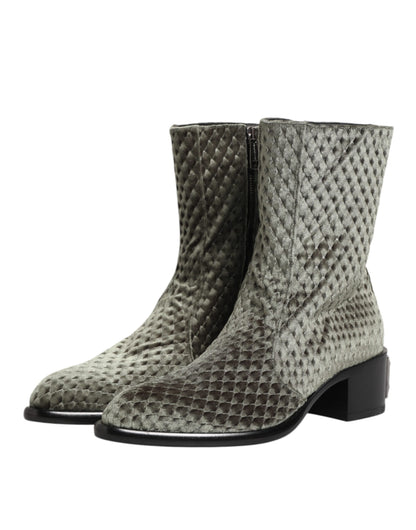 Dolce & Gabbana Graue Baumwolle Samt Mid Calf Kurze Stiefel Schuhe