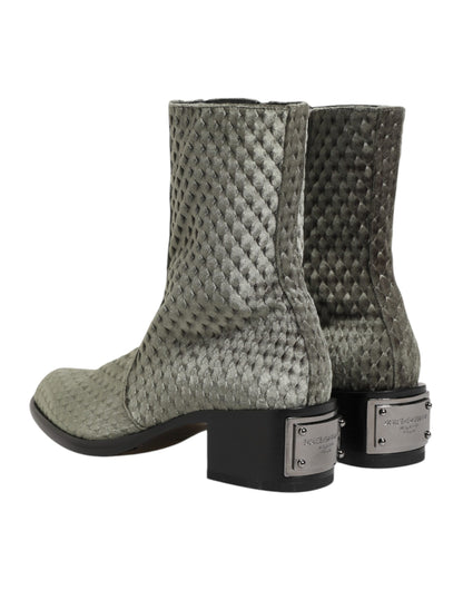 Dolce & Gabbana Graue Baumwolle Samt Mid Calf Kurze Stiefel Schuhe